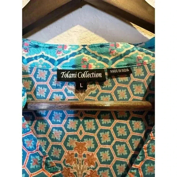 Tolani Womens L Geometric Print Tunic Top Turquoise Boho Artsy Kimono Pullover - Picture 5 of 9